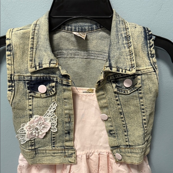 Pink Lace Dress with Denim Vest - Picture 4 of 10